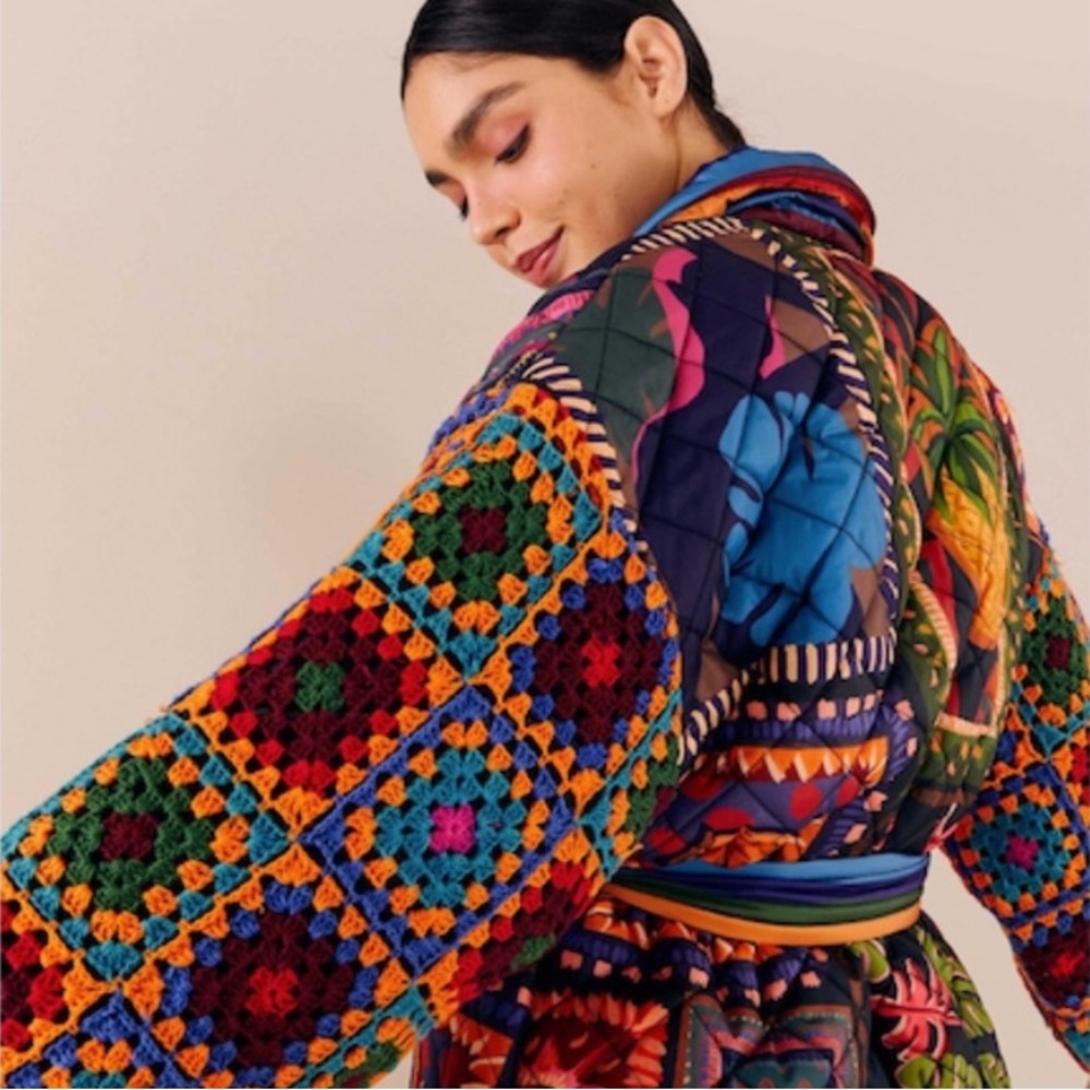 Farm Rio Patchwork Tapestry Crochet Puffer Jacket